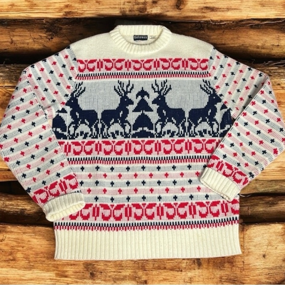 Vintage Gateway Knit Reindeer Christmas Holiday Sweater Unisex size Large